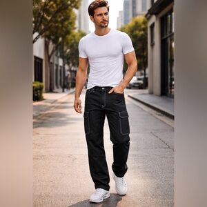 True Religion World Tour Cargo Pants Jet Black White Stitching NWT Size 36x32